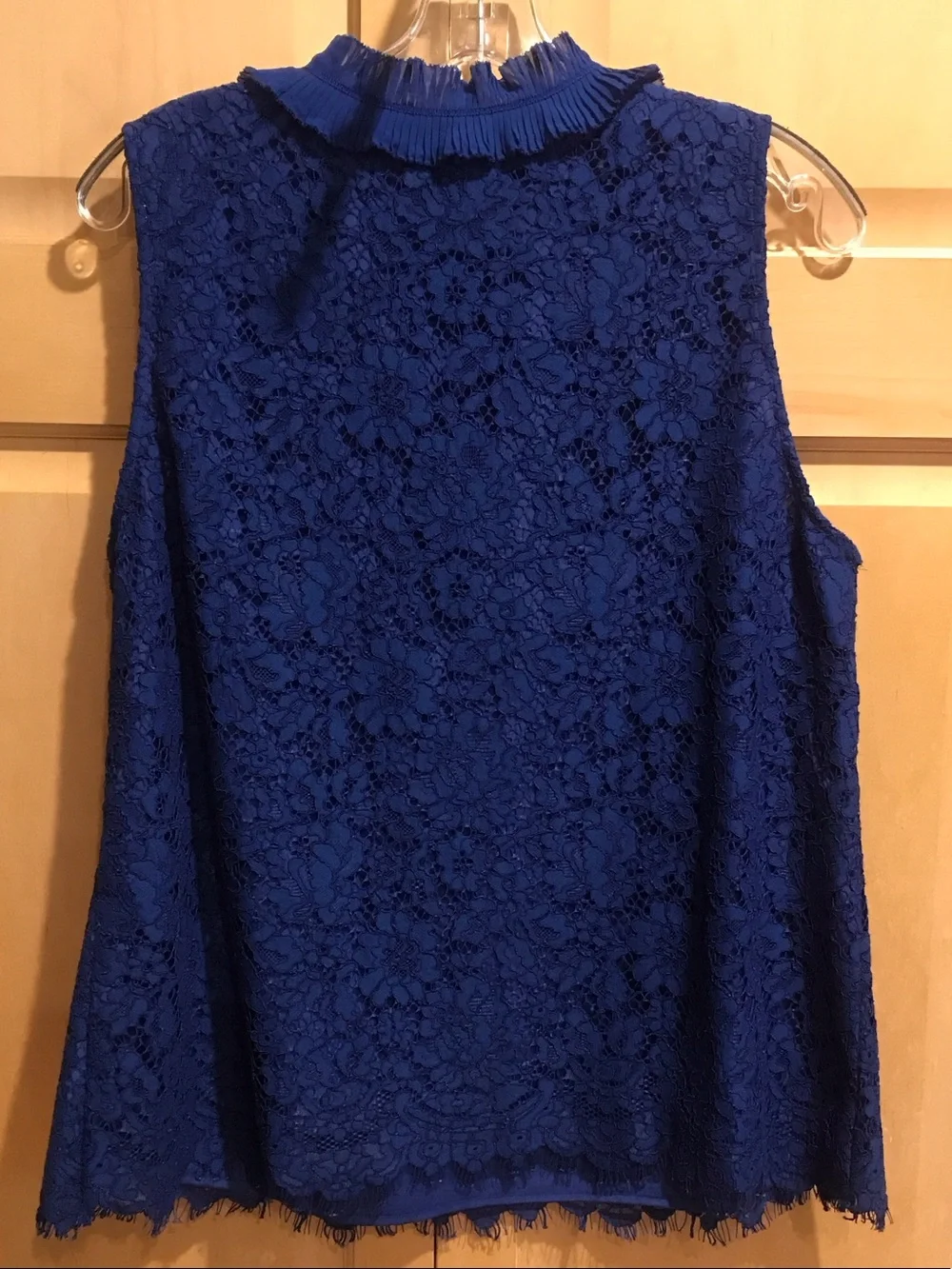 J. Crew Royal Blue Sleeveless Lace Pleated-Ruffle Shell